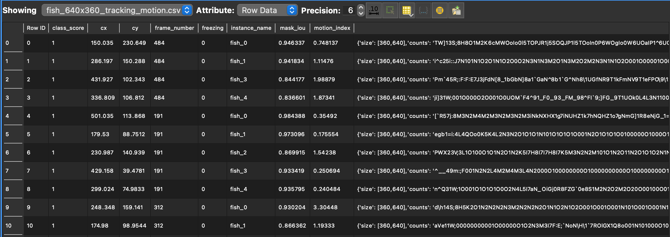 Motion Estimation Result CSV file