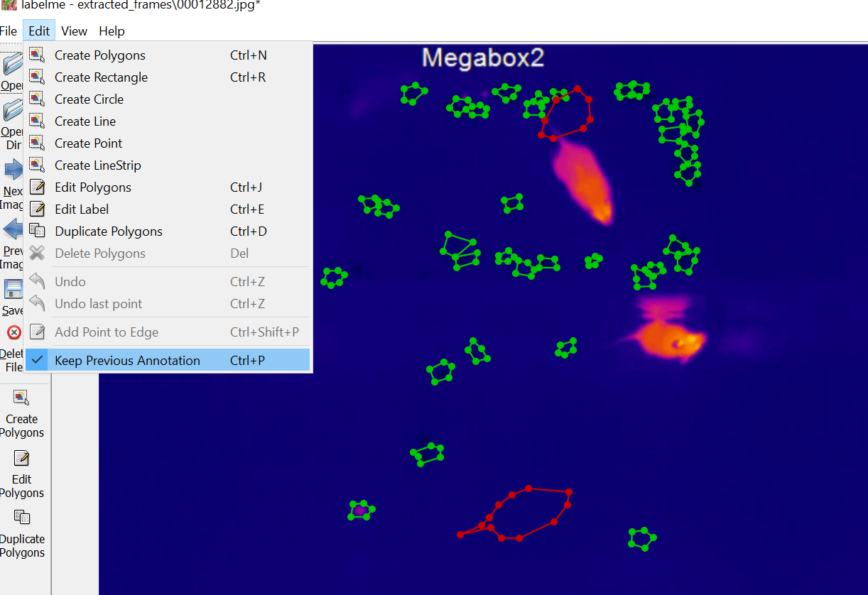 Annolid annotation view with polygons and the Keep Previous Annotation menu option