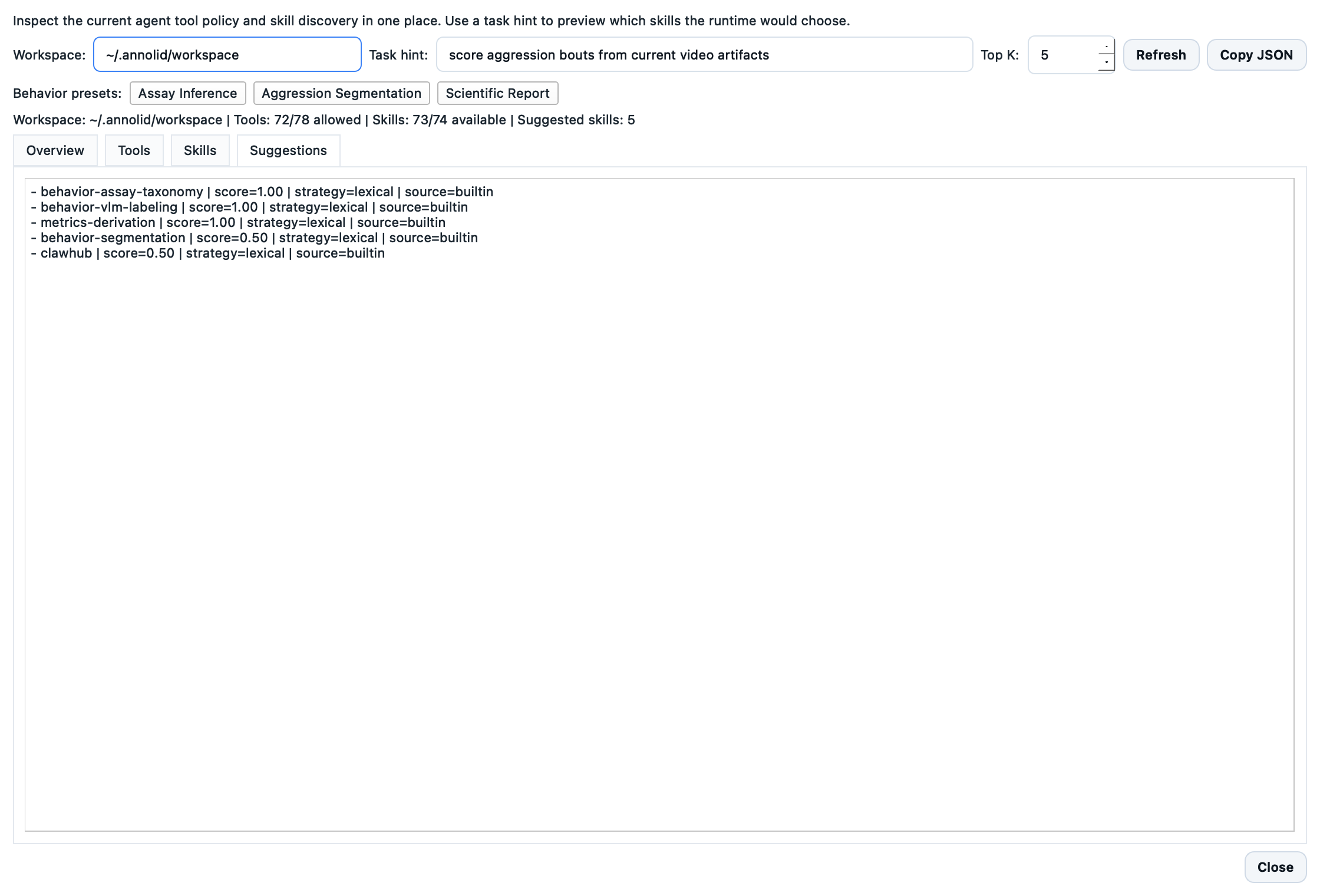 Annolid Agent Capabilities panel with behavior-analysis suggestions