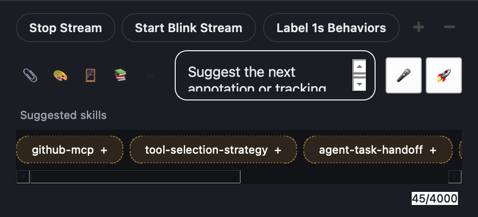 Annolid Bot prompt toolbar with suggested skills and sharing controls
